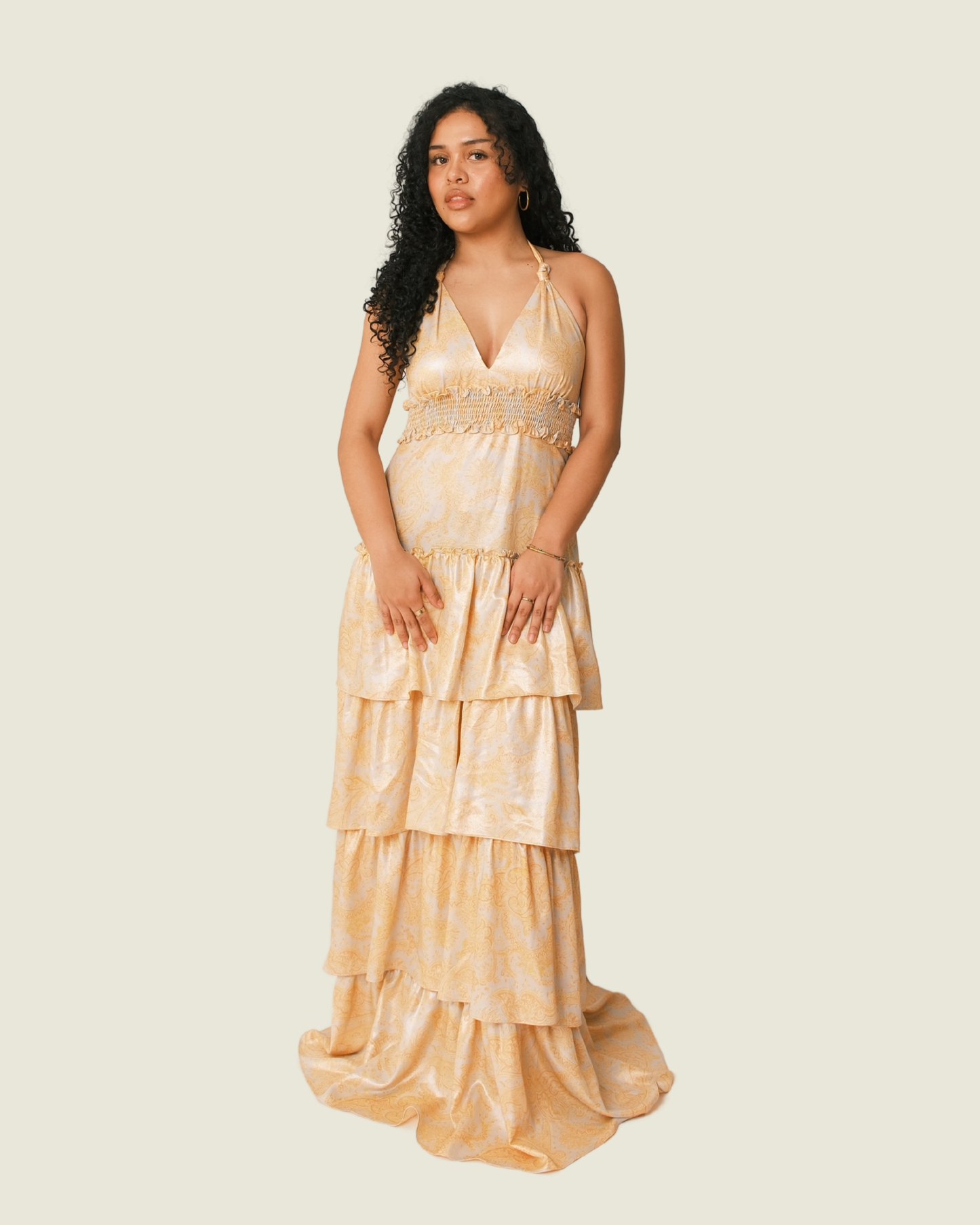 LIKELY Orange Floral Metallic Ruffle Dress