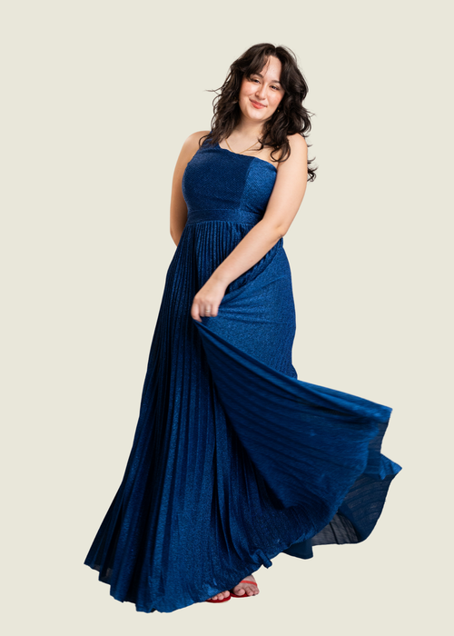Maniju Navy One Shoulder Pleated Gown