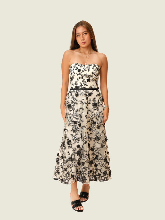 Marschessa Notta White Midi Dress with Black Floral details