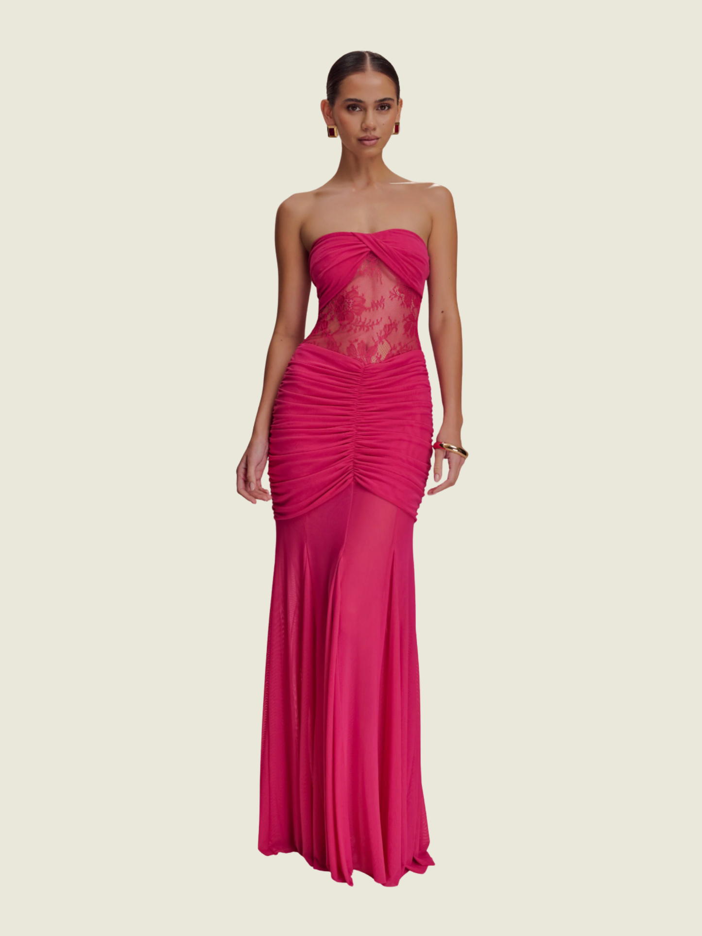 Meshki Khadijah Lace and Mesh Maxi Dress in Dragonfruit