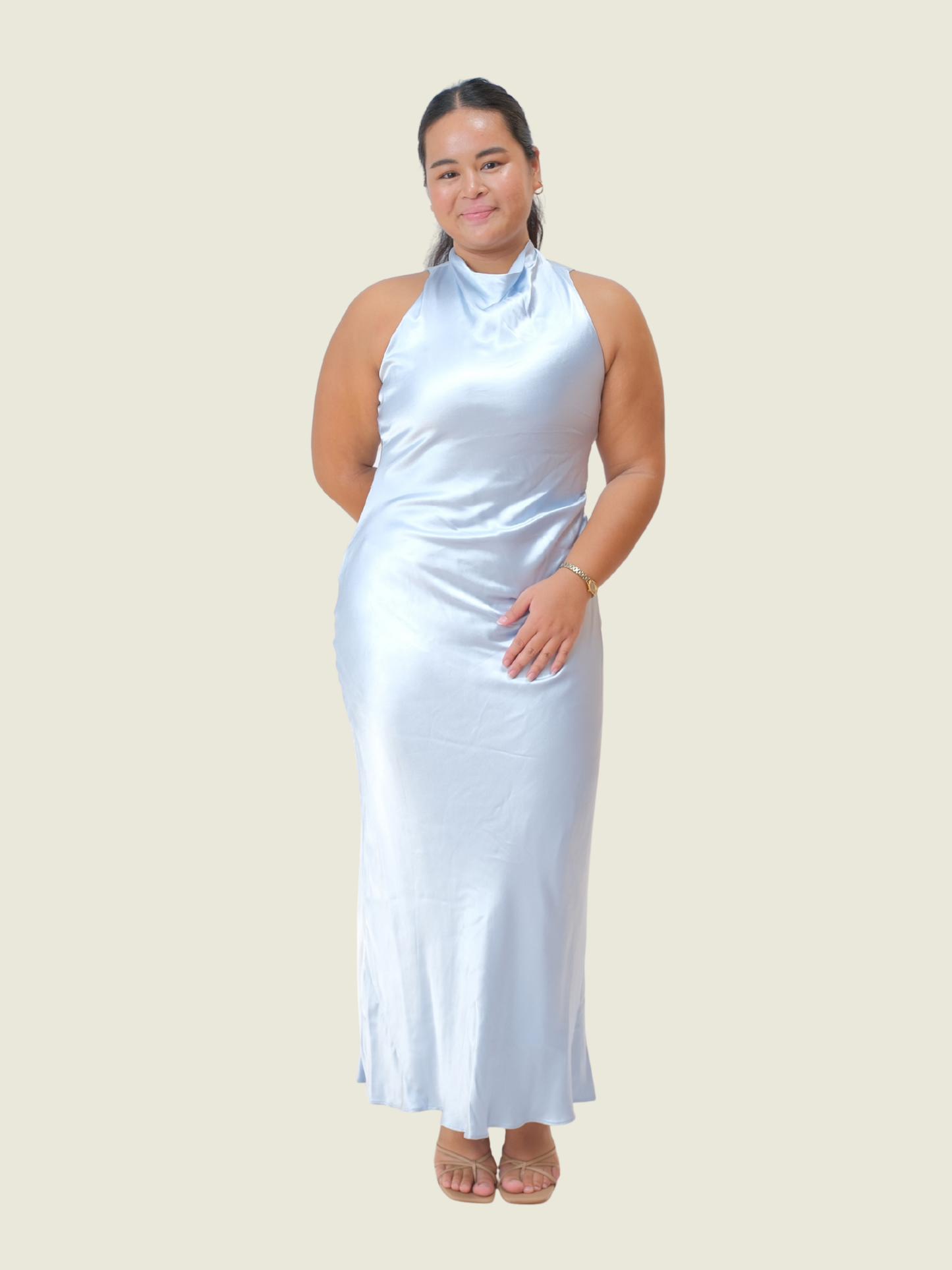 Michelle Open-Back Satin Maxi Dress in Misty Sky (L)
