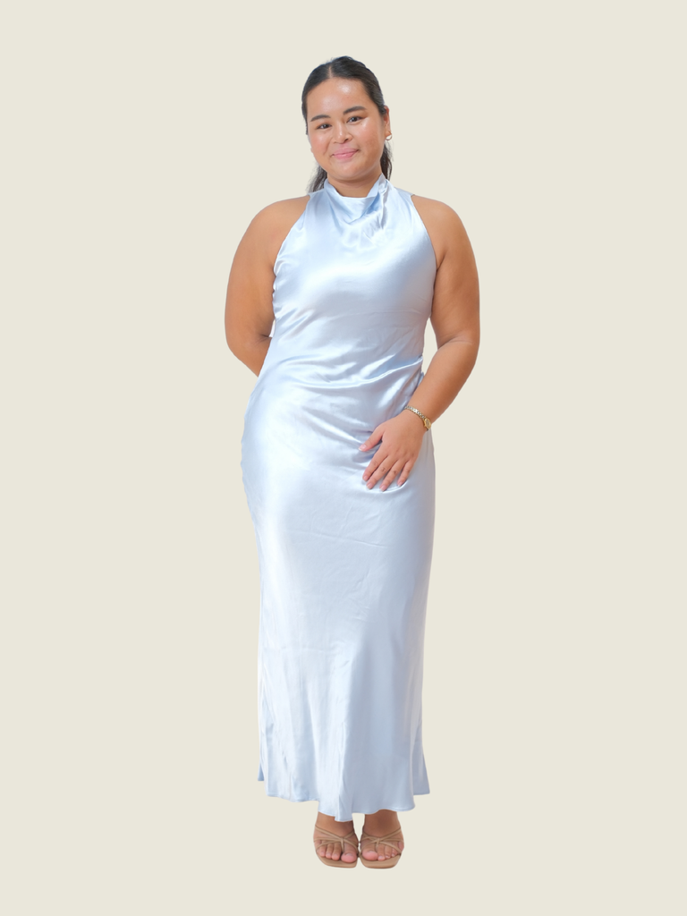 Michelle Open-Back Satin Maxi Dress in Misty Sky (L)