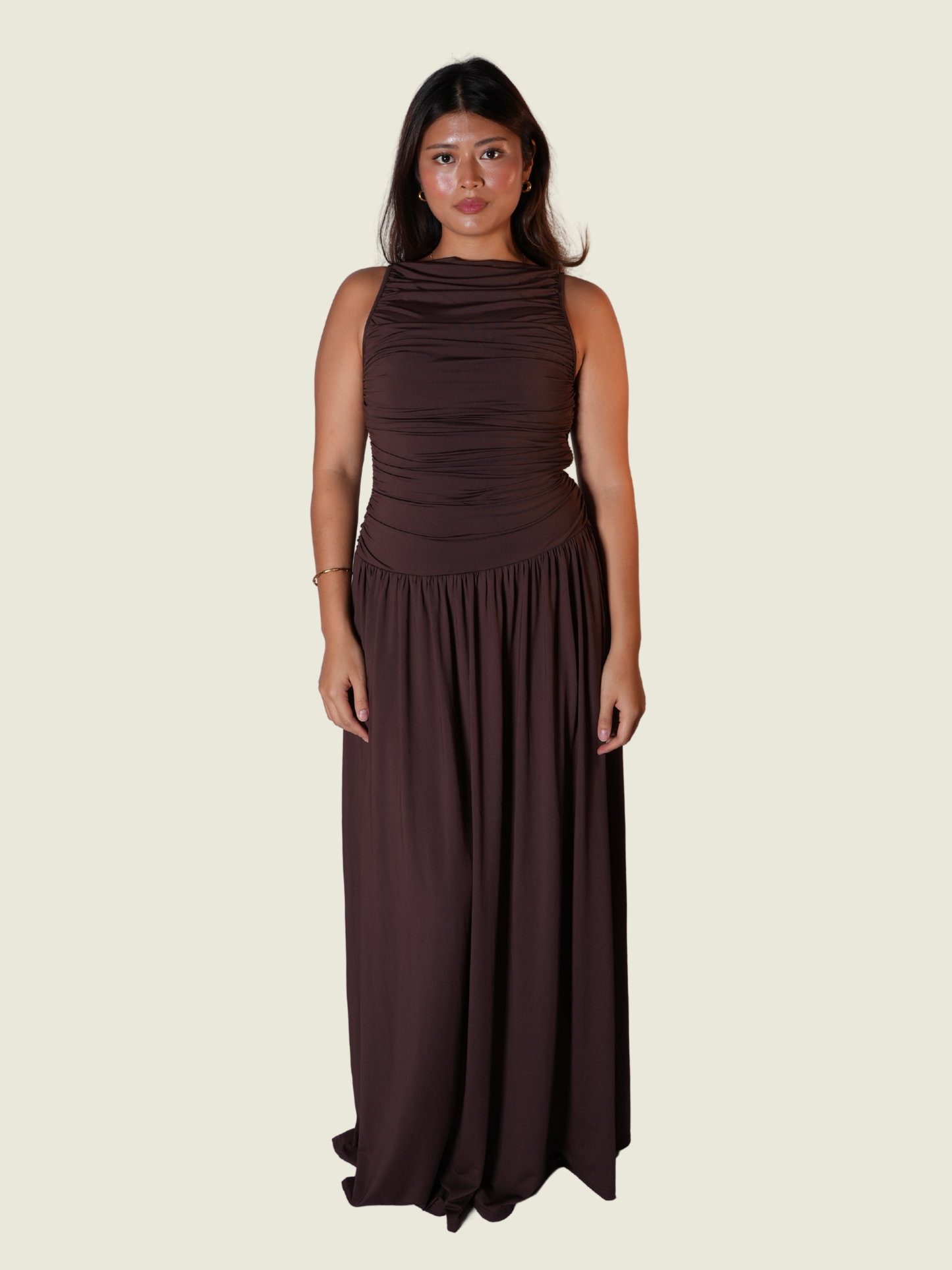 Nia The Label Brown Sleeveless Ruched Maxi