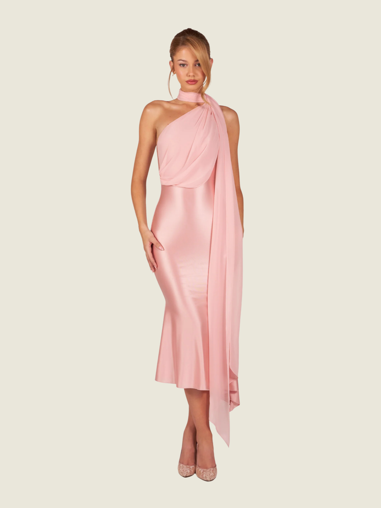 Oh Polly Giada Scarf-Detail Midaxi Dress in Blush Pink