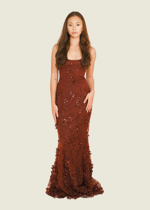 Oh Polly Vasanta Embellished Fistail Corset Gown in Wine Red