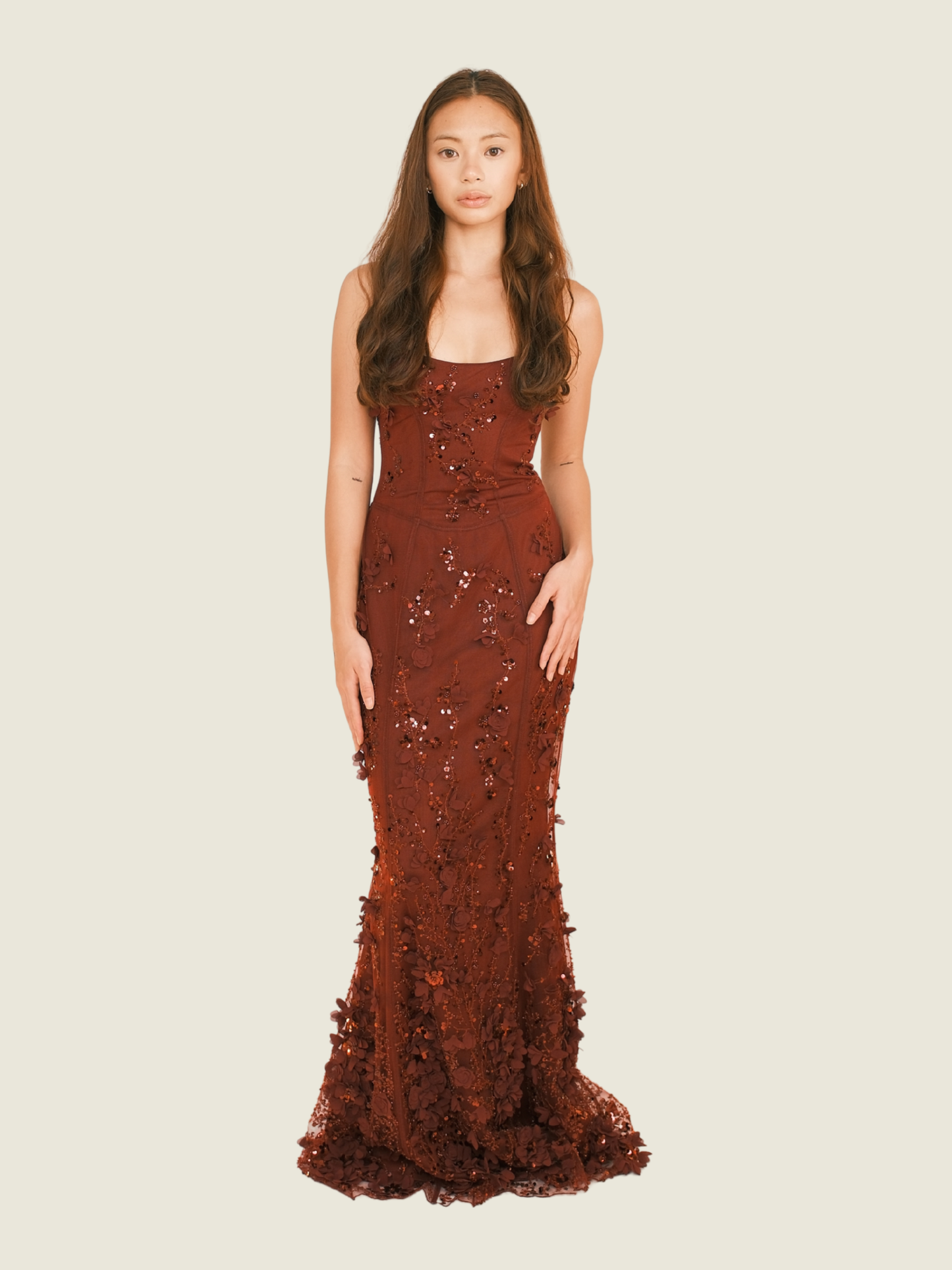 Oh Polly Vasanta Embellished Fishtail Corset Gown in Wine Red
