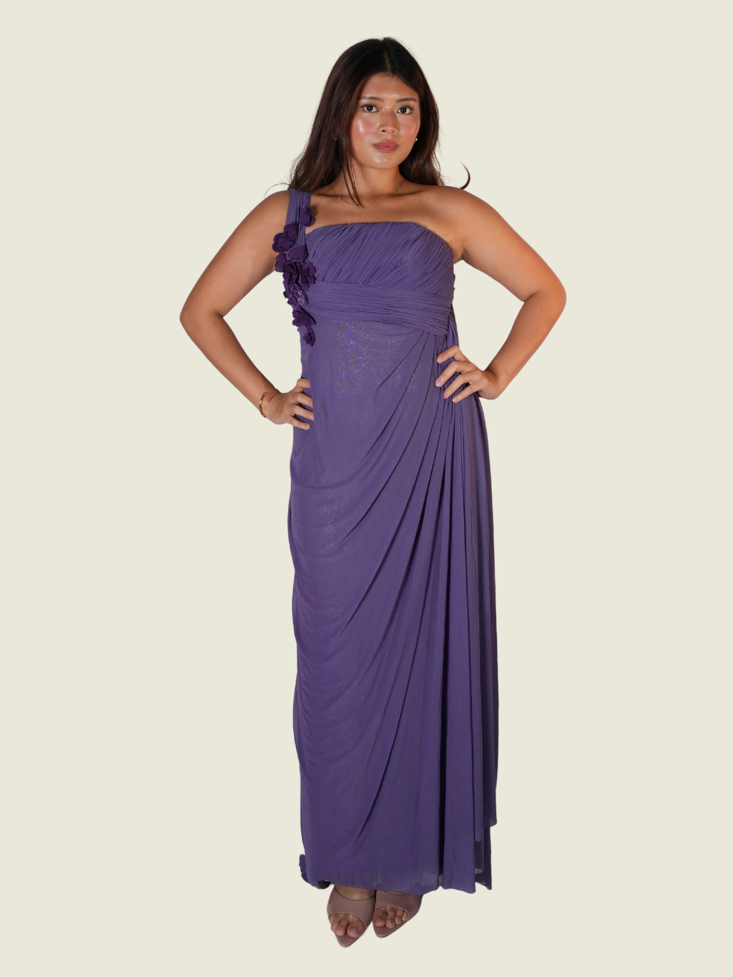 Randy Ortiz Purple Asymmetrical To The Right with Drape and Flower Detail