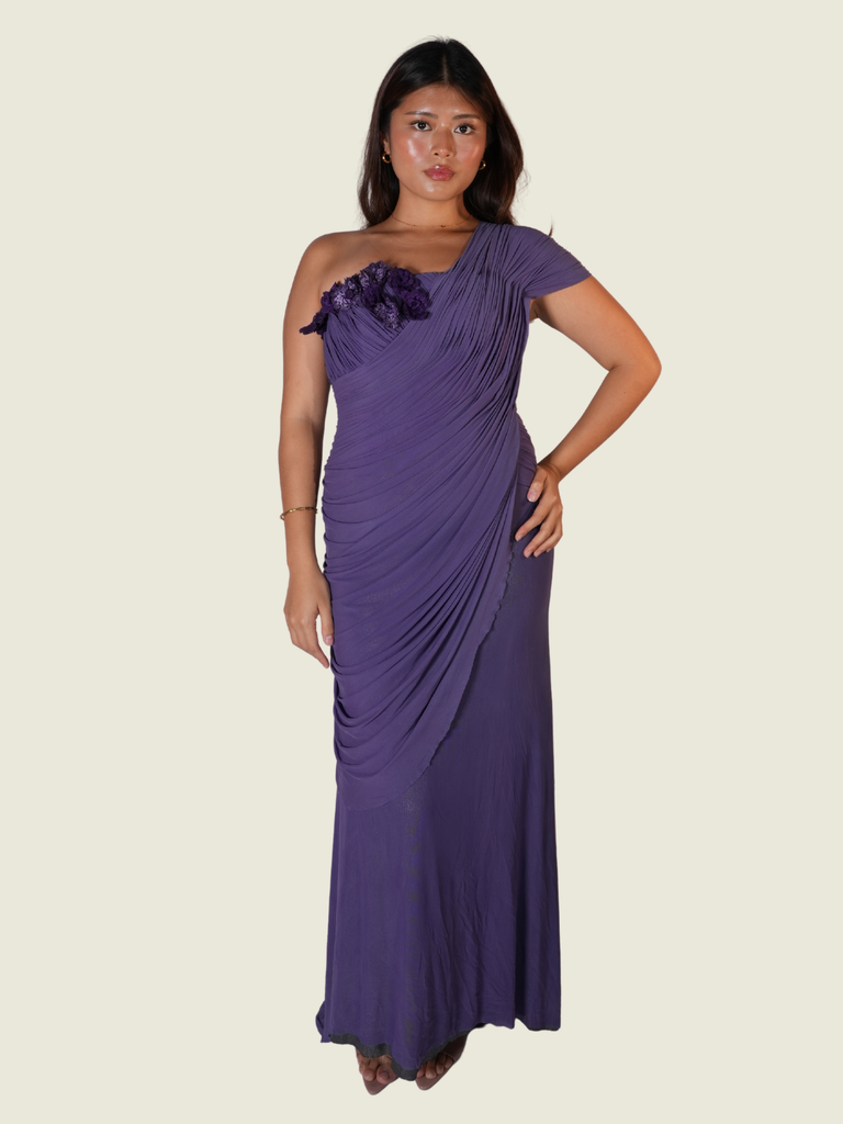 Randy Ortiz Asymmetrical with Drape and Flower Detail in Purple