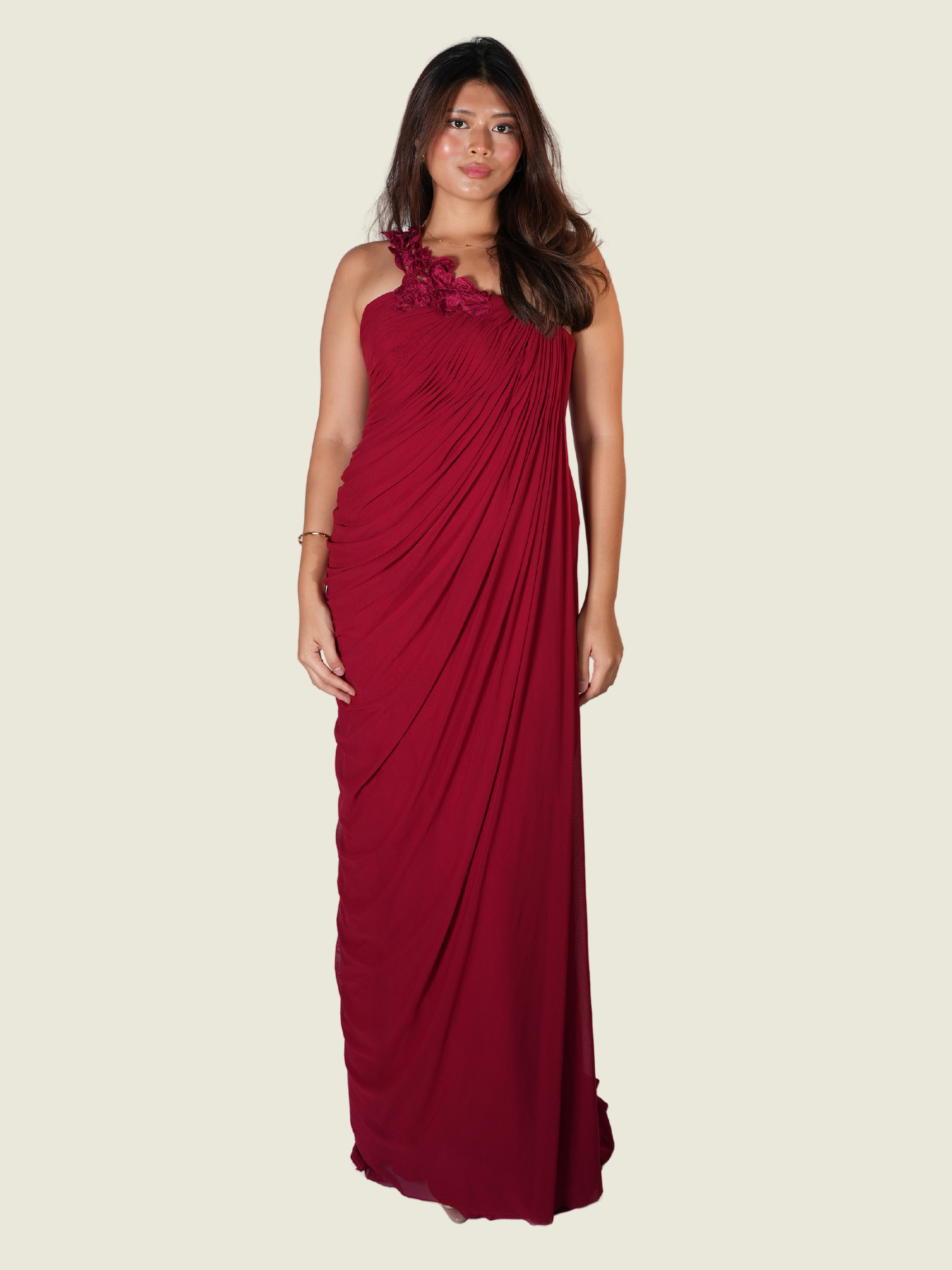 Randy Ortiz Asymmetrical with Drape and Flower Detail in Red