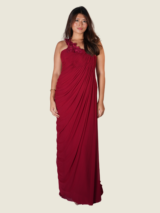 Randy Ortiz Asymmetrical with Drape and Flower Detail in Red