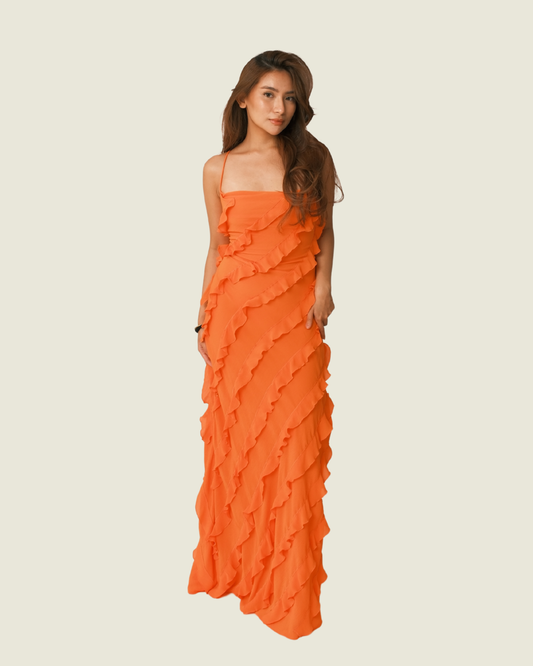 STAUD Orange Maxi Ruffle Dress