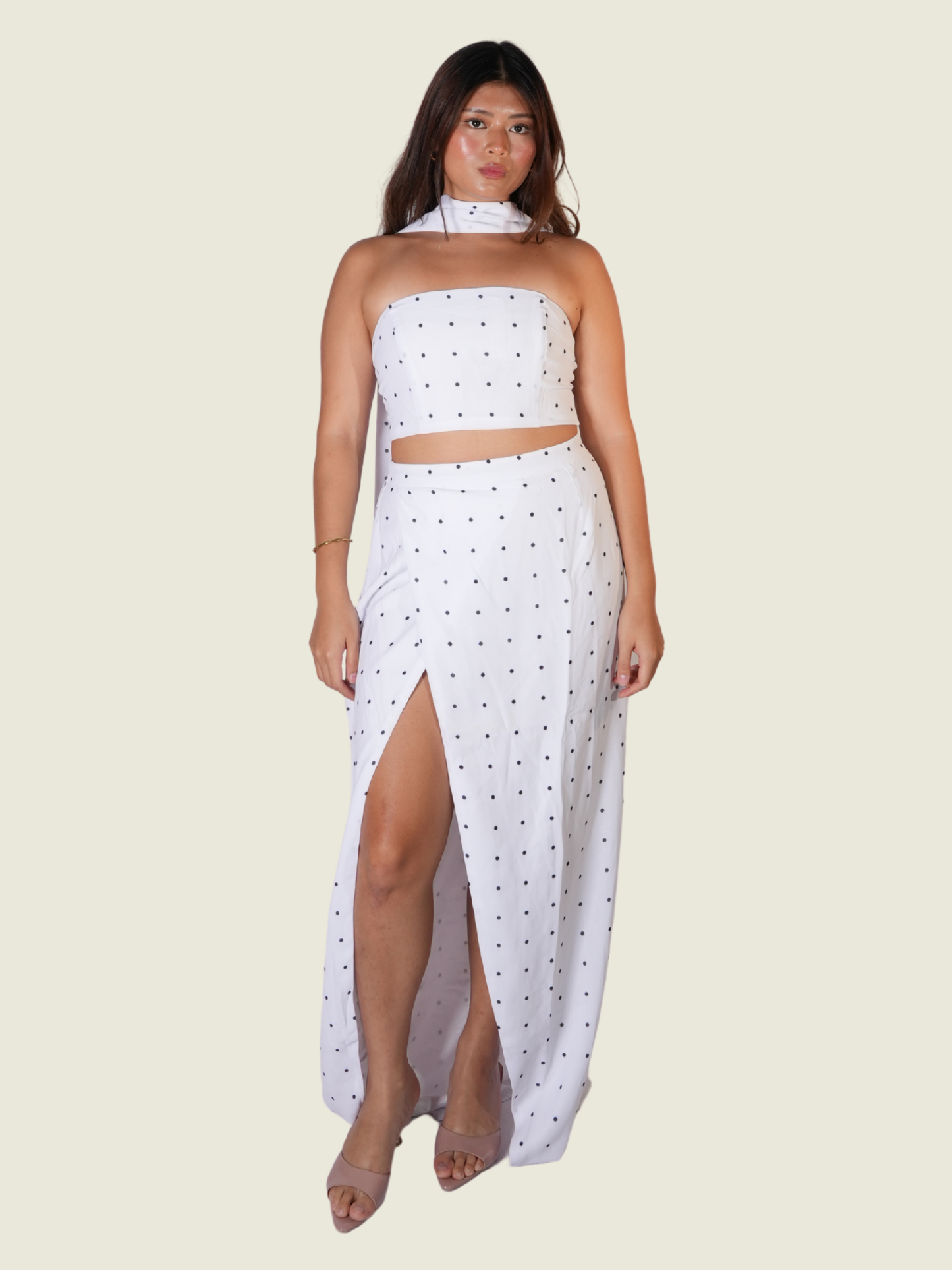 Sabo Skirt top and skirt polka dot black and white set with a scarf M