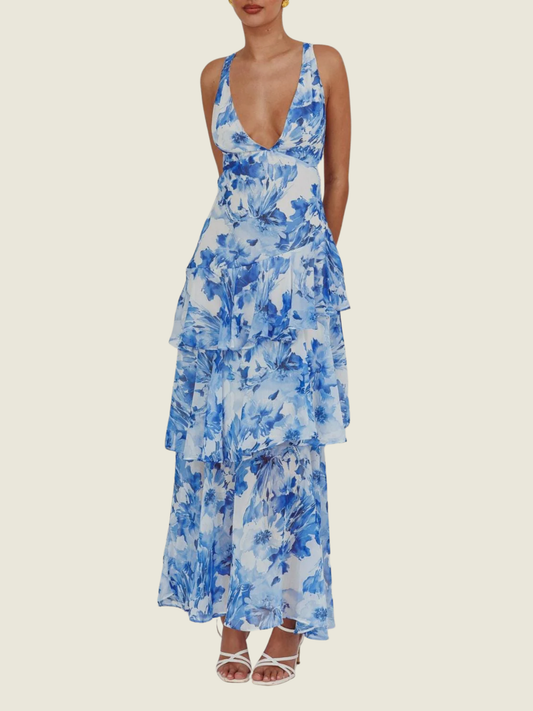 Saints and Secrets Cally Layer Maxi Blue Floral Dress in S