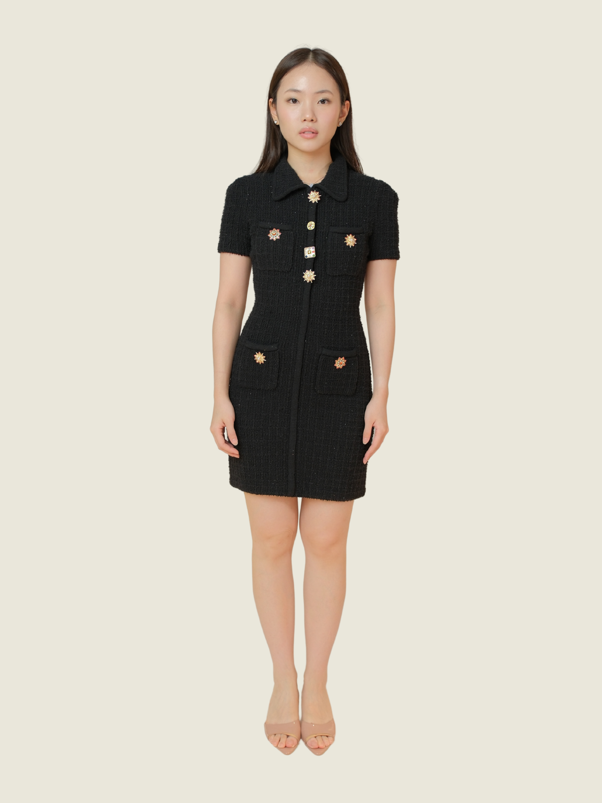 Self-Portrait Jewel Button Knit Mini Dress in Black