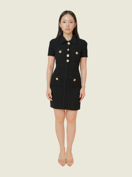 Self-Portrait Jewel Button Knit Mini Dress in Black
