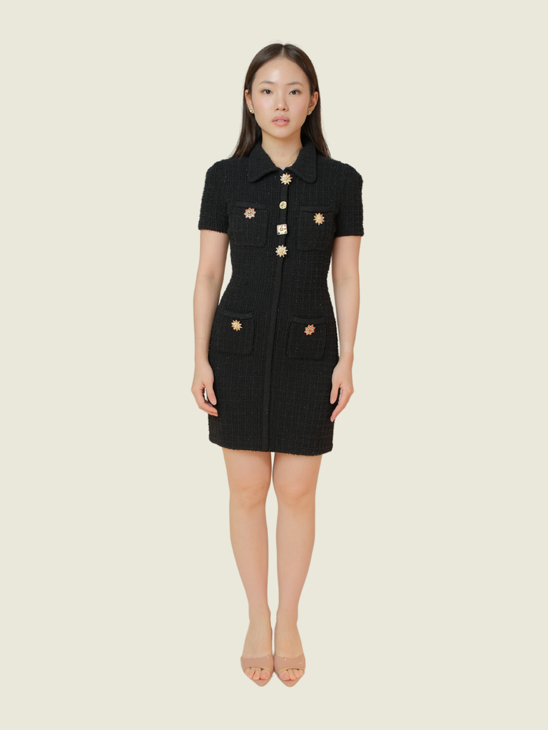 Self-Portrait Jewel Button Knit Mini Dress in Black