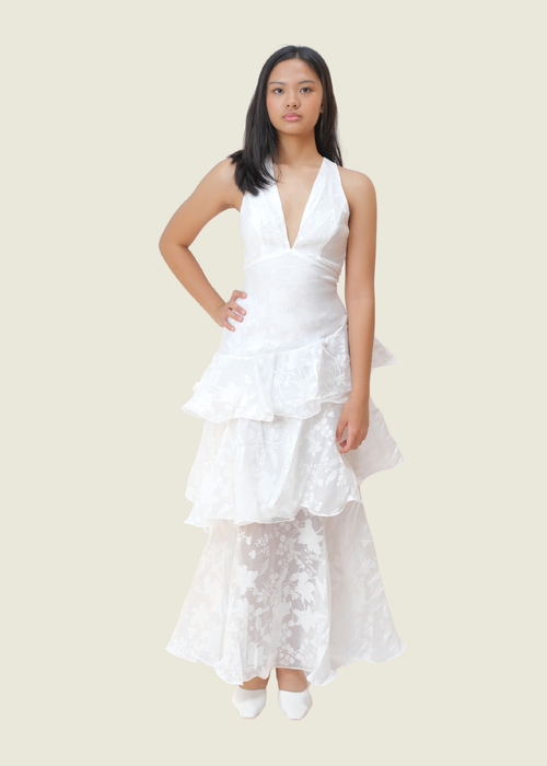 White Selfie Leslie Veda Strappy Back Ruffle Chiffon Maxi Dress (XS)