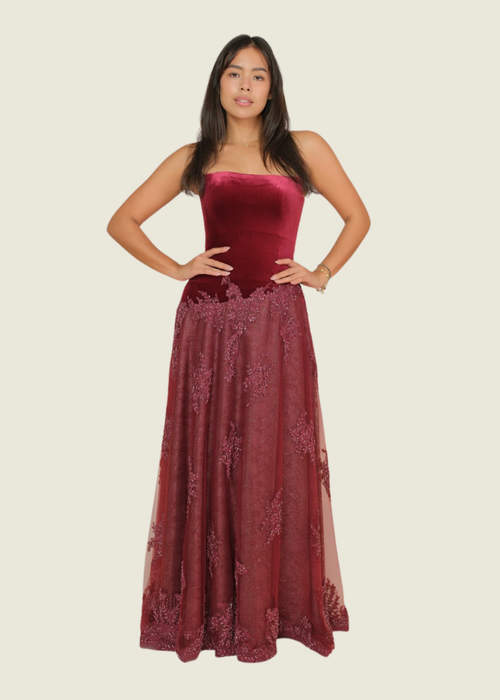Zia Wycoco Sangria Slanted Drop Waist Maxi