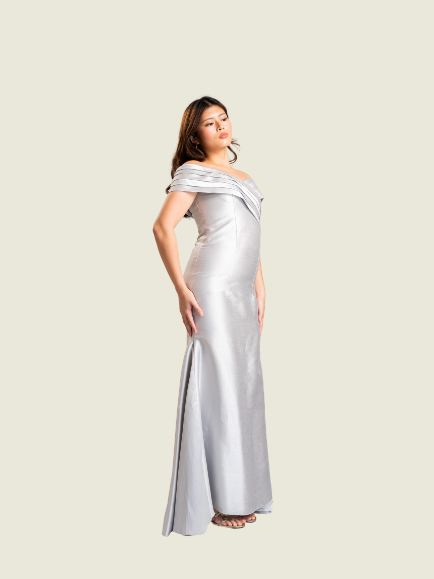 Debbie Co Silver Long Gown with Serpentine Cut