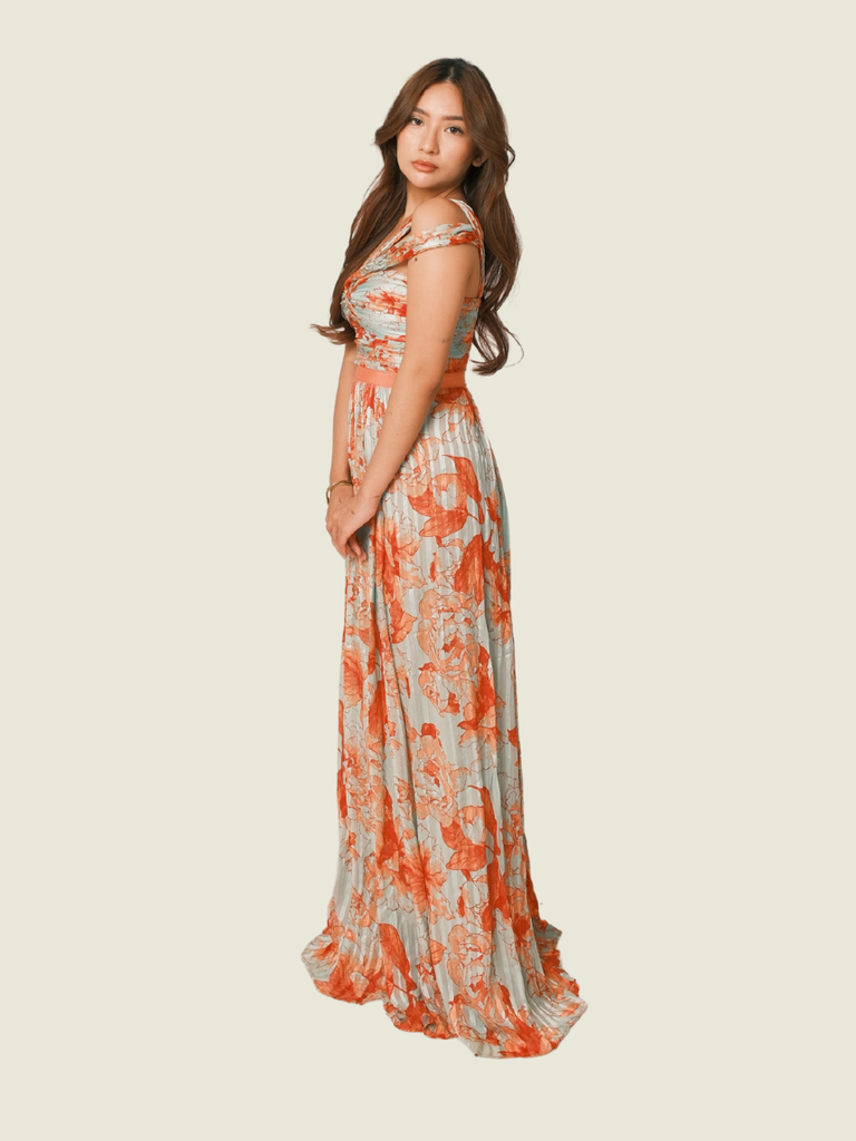 BCBG MAXAZRIA Inga Print Silk Chiffon Gown in Turquoise & Coral