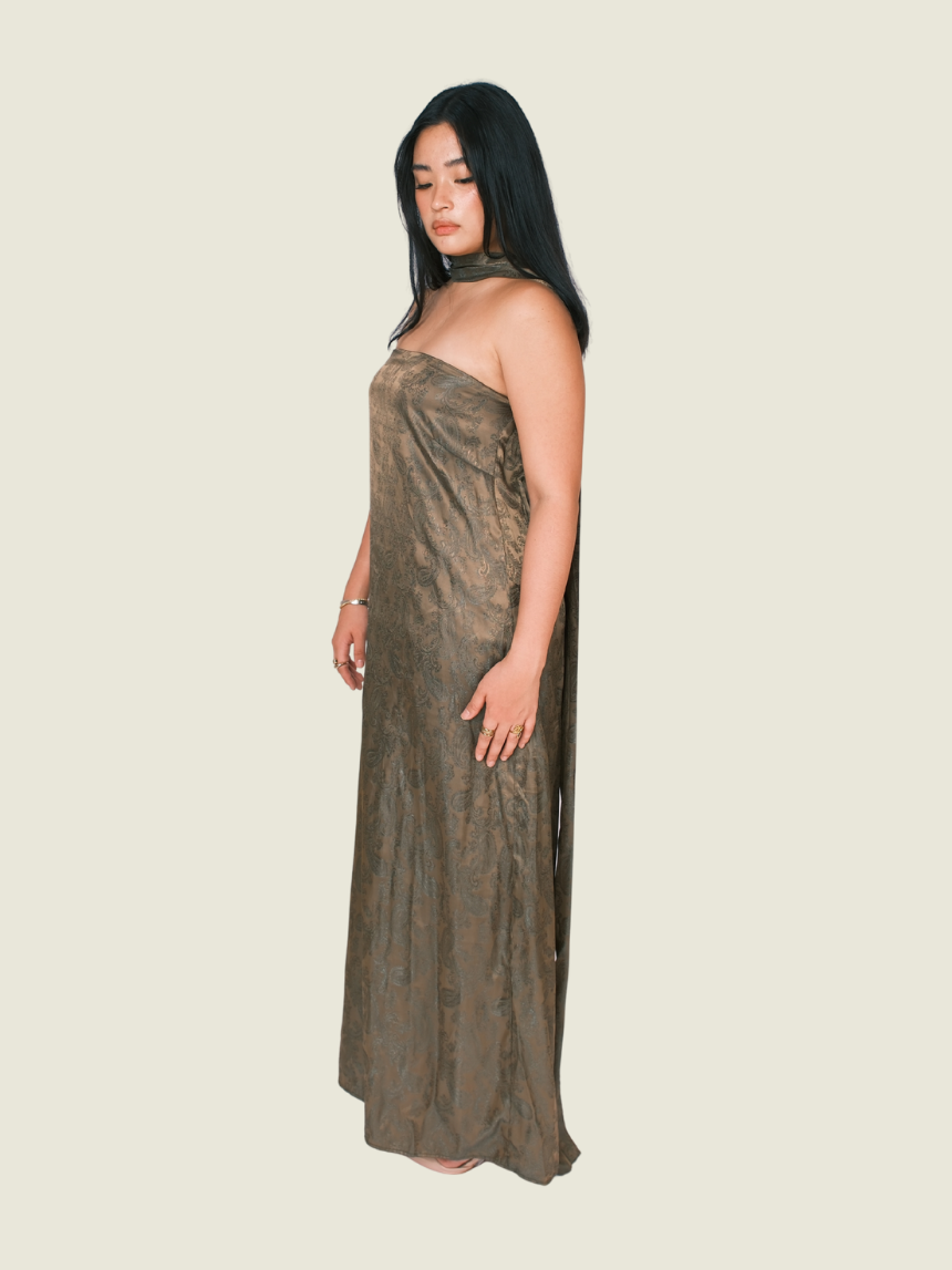 Bespoke Green Paisley Dress With Neck Scarf