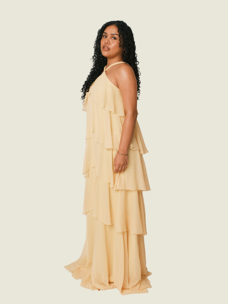Sheila Haltered Tiered Gown in Butter Yellow