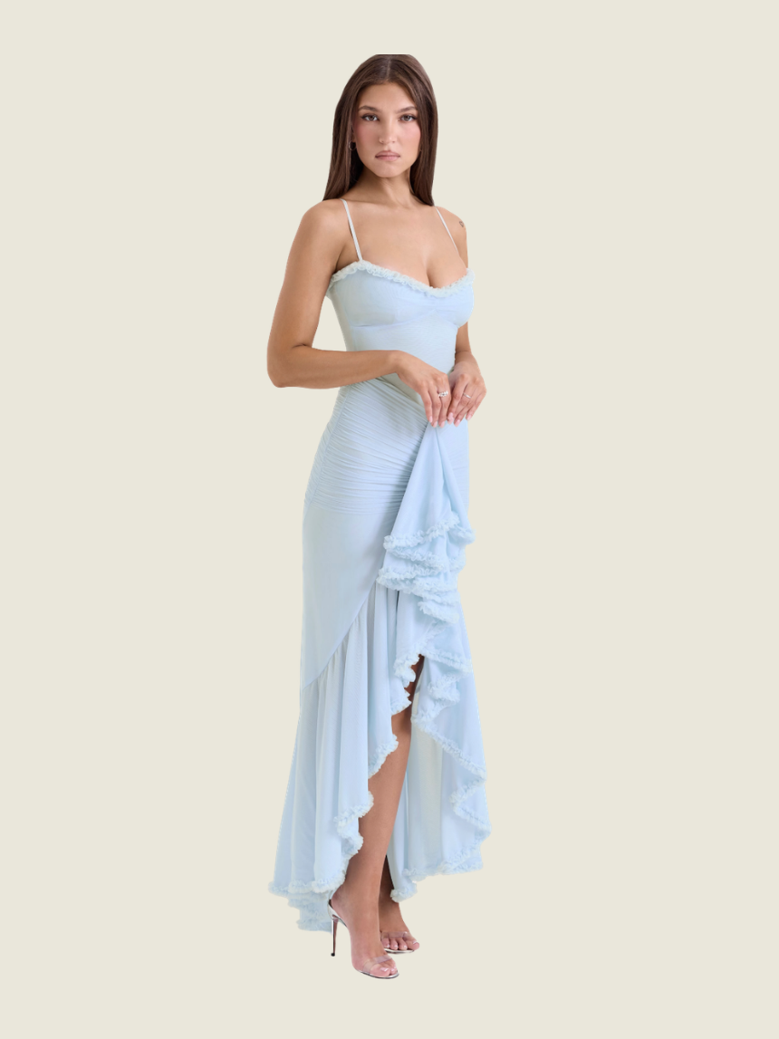 House of CB Gabbi Mesh Ruffled Front Gown