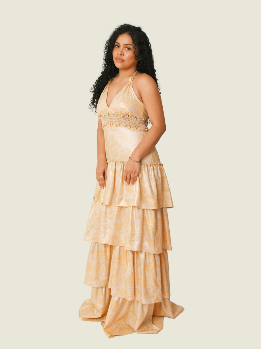 LIKELY Orange Floral Metallic Ruffle Dress