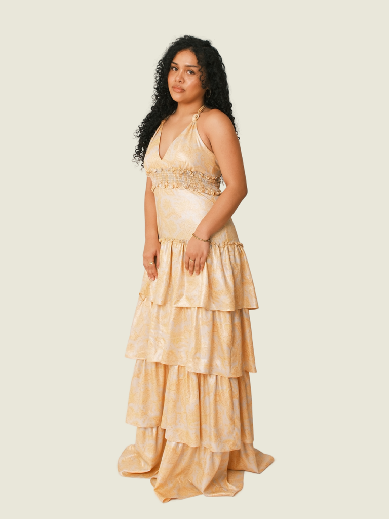 LIKELY Orange Floral Metallic Ruffle Dress