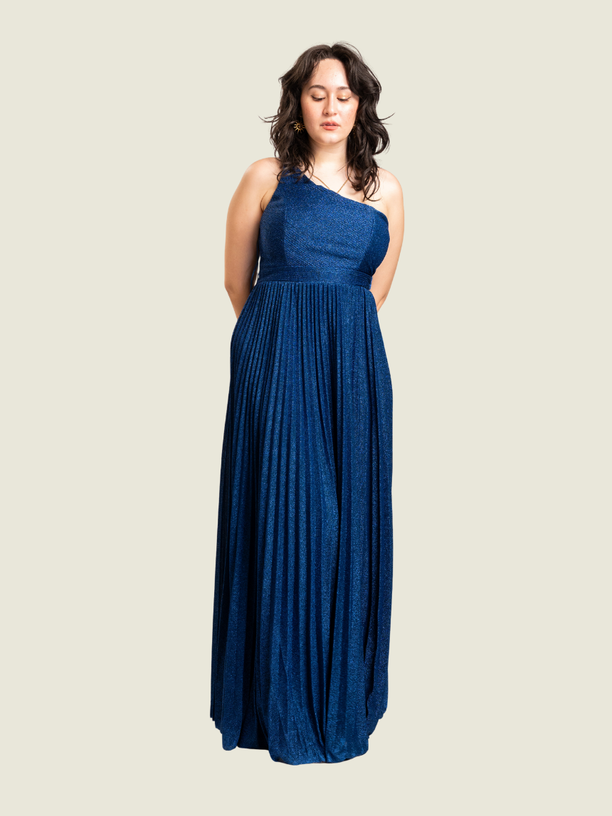 Maniju Navy One Shoulder Pleated Gown