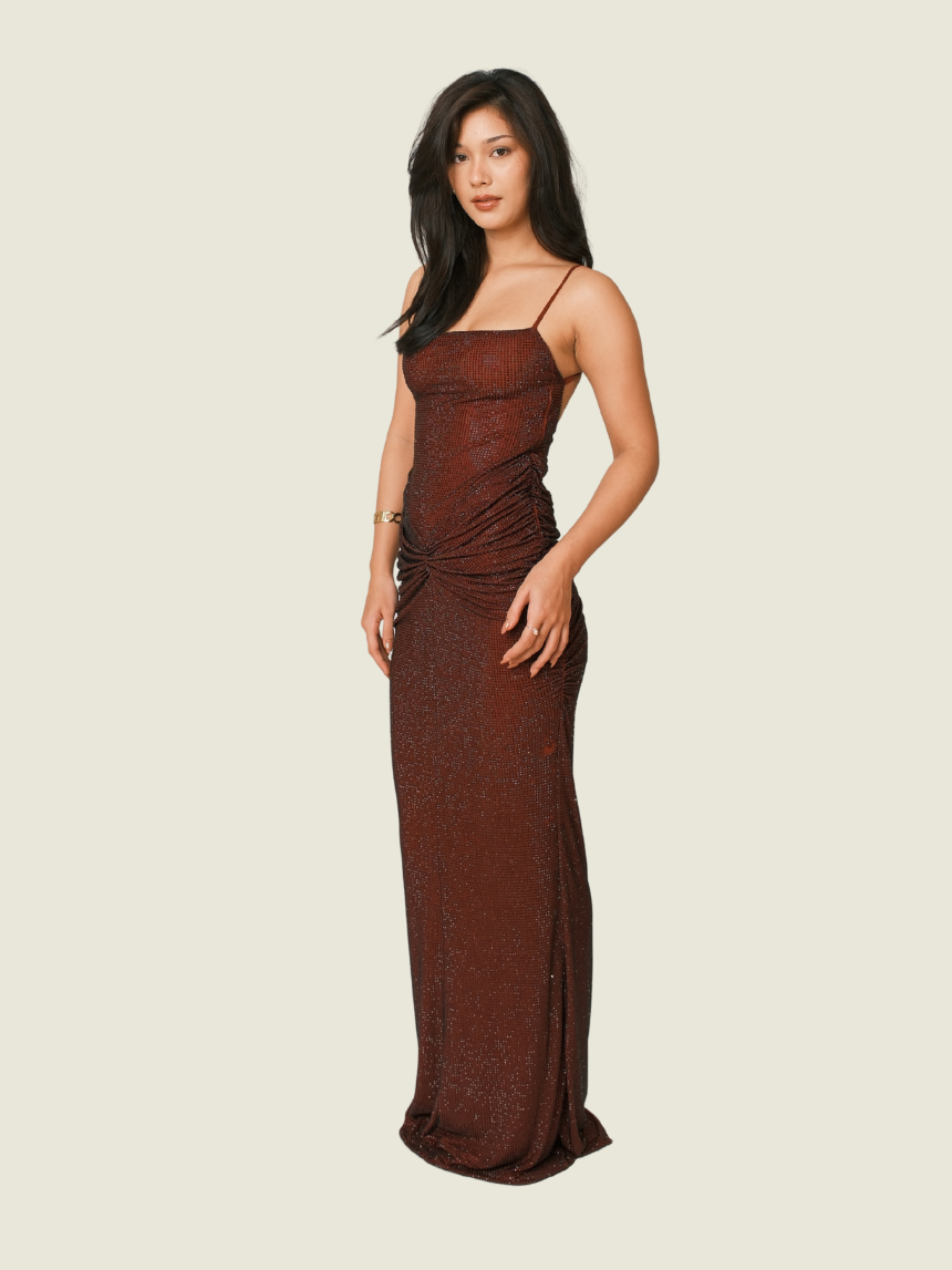 Meshki Roisin Diamante Maxi Dress in Mahogany