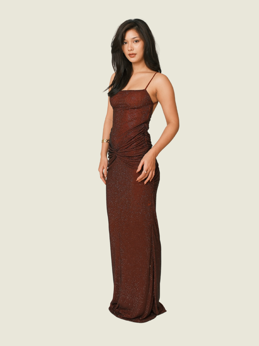 Meshki Roisin Diamante Maxi Dress in Mahogany