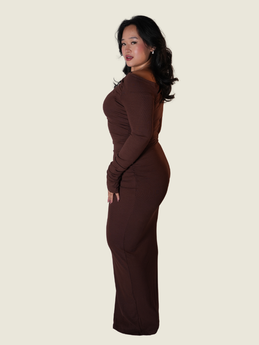 SNDYS Brown Long Sleeves Off Shoulder Maxi
