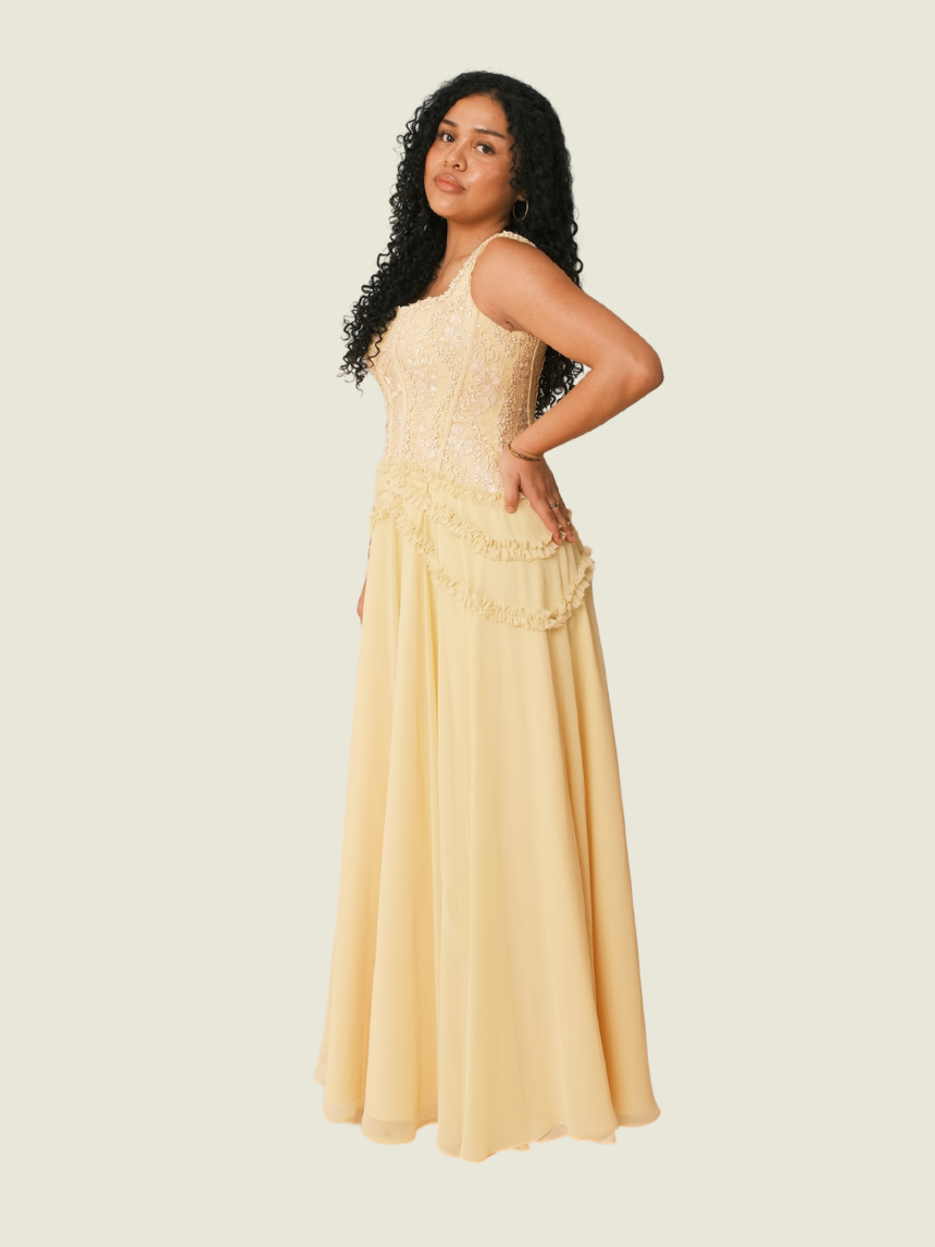 Mel Orlina Yellow Bespoke Lace Gown