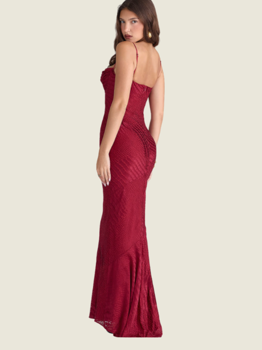 House of CB Deep Red Devore Satin Maxi Gown