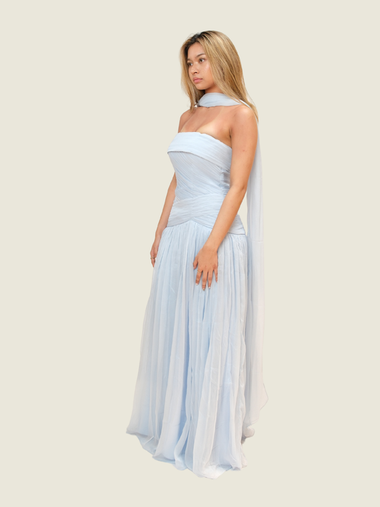 Blue Tulle Gown with Scarf