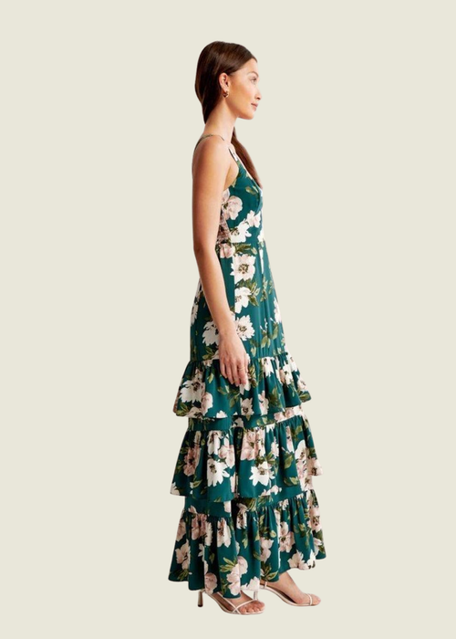Abercrombie Women's Drama Green Floral Ruffle Tiered Maxi Dress hover image