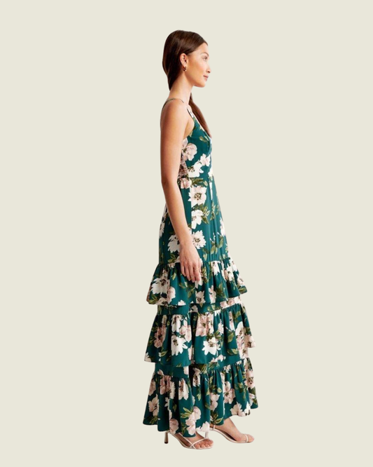 Abercrombie Women's Drama Green Floral Ruffle Tiered Maxi Dress