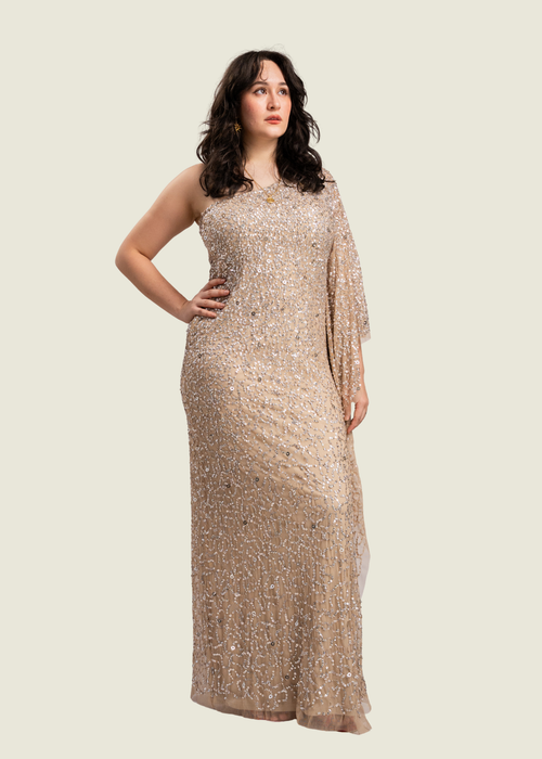 Adrianna Papell Gold Sequin One Shoulder Gown hover image