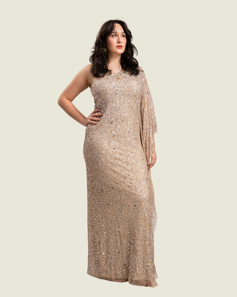 Adrianna Papell Gold Sequin One Shoulder Gown