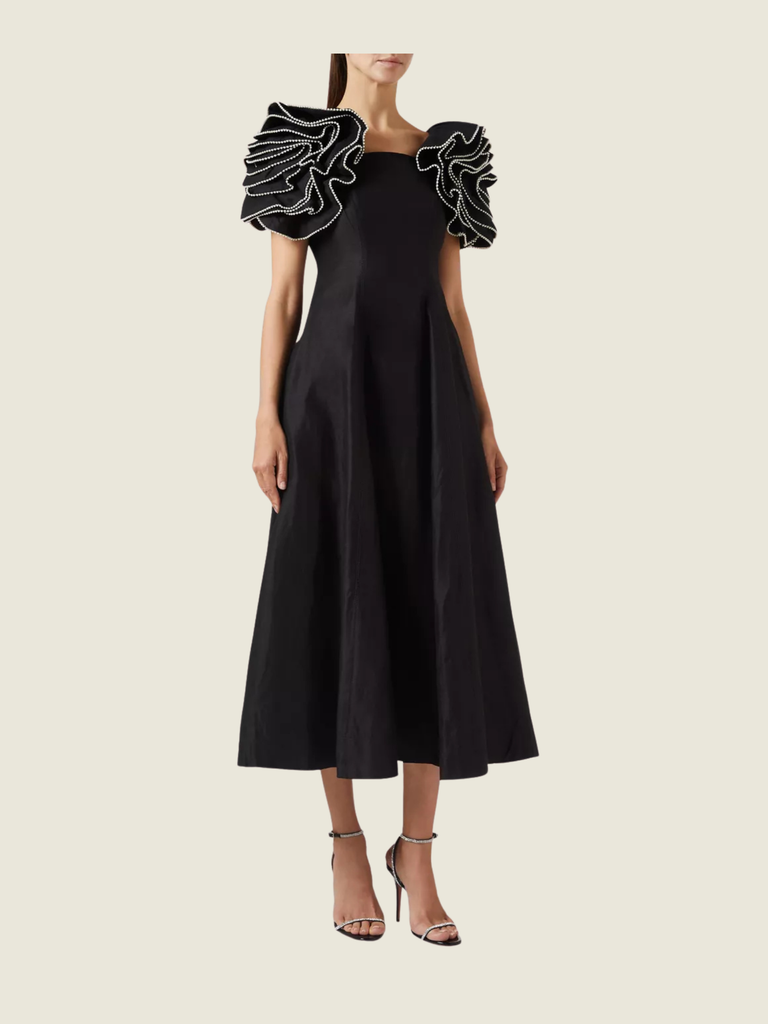 Aje Black Midi Dress with Ruffle sleeves