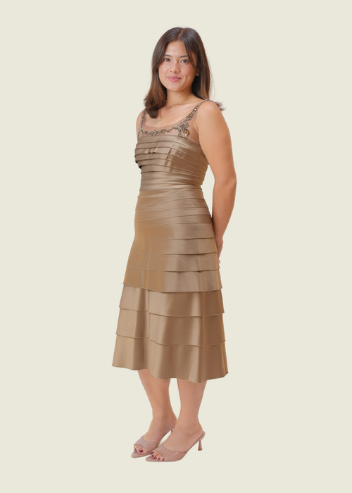 BCBG Maxazria, brown  pleated beaded details midi hover image