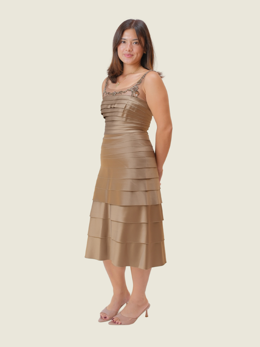 BCBG Maxazria, brown  pleated beaded details midi