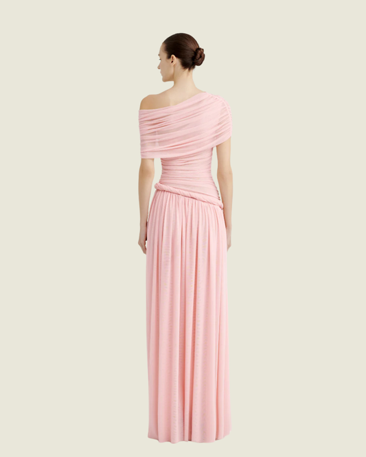COCOSIN Pink Off-Shoulder Draped Maxi Dress