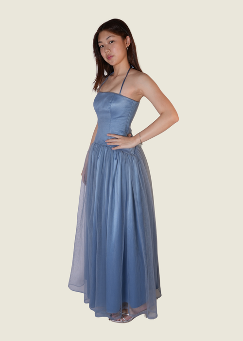 Custom Drop-Waist Pleated Gown in Powder Blue (XS) hover image