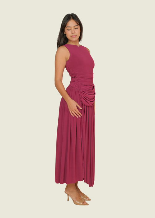 Custom Ruched Asymmetric Waist Gown in Plum hover image