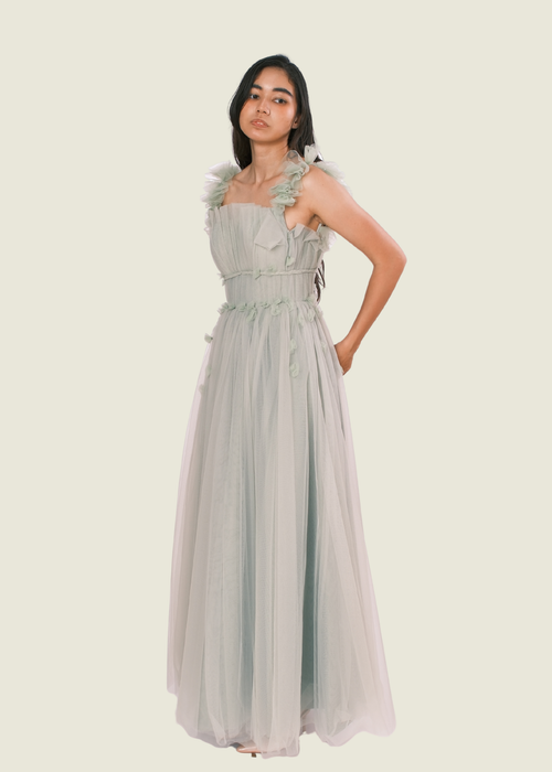 Custom Vee Tan Floral Sage Green Gown hover image