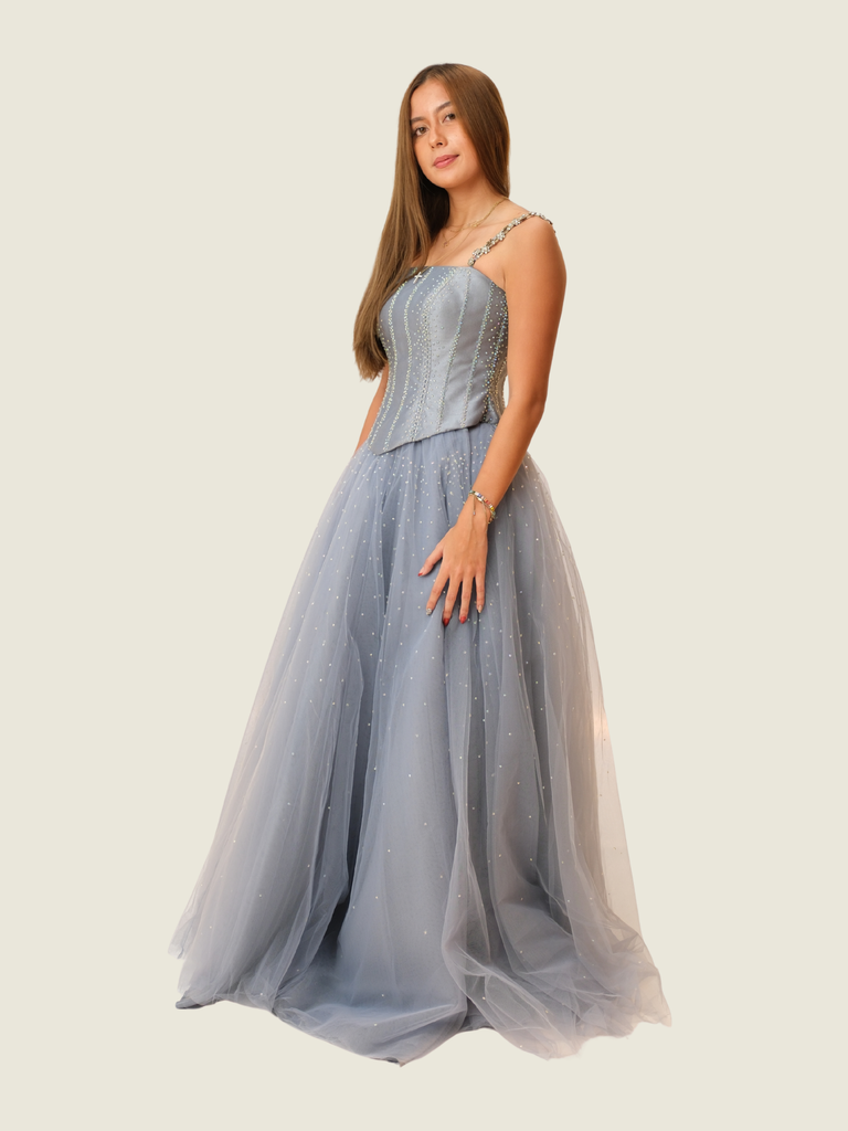Enan Almando Couture Blue Couture Two-Piece Corset Dress with Crystal Detailing and Matching Bag