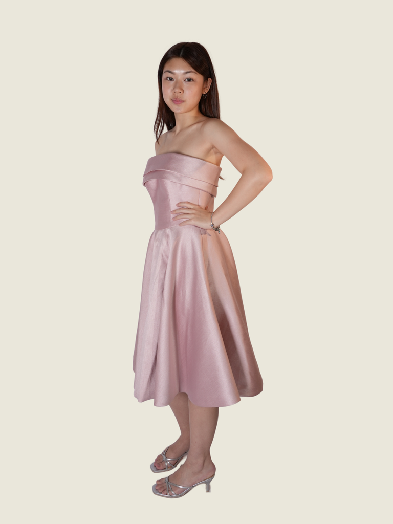 Erin Nicolas Blush Satin Strapless Midi Dress