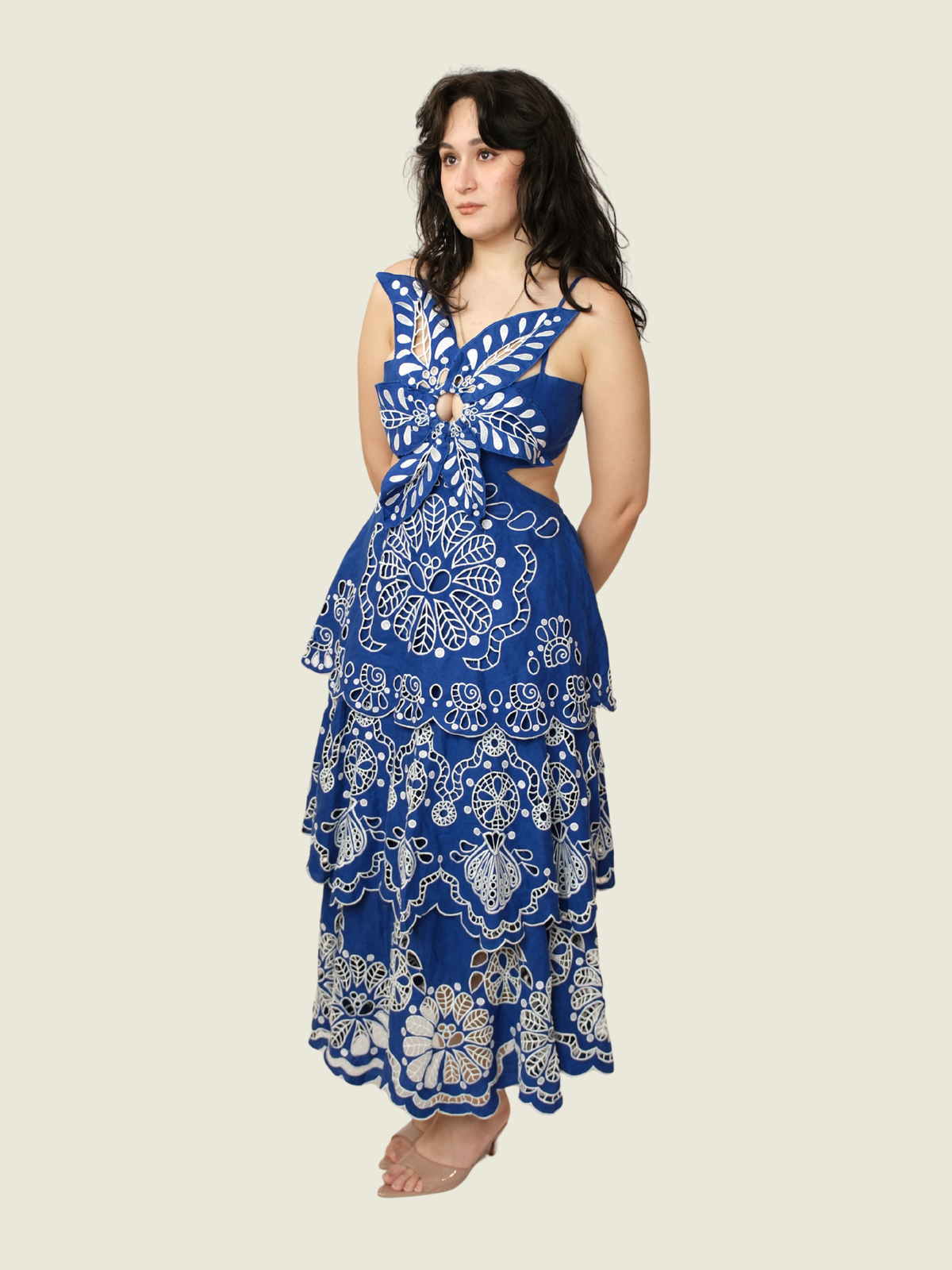 Farm Rio Blue Flower Richelieu Linen Midi Dress